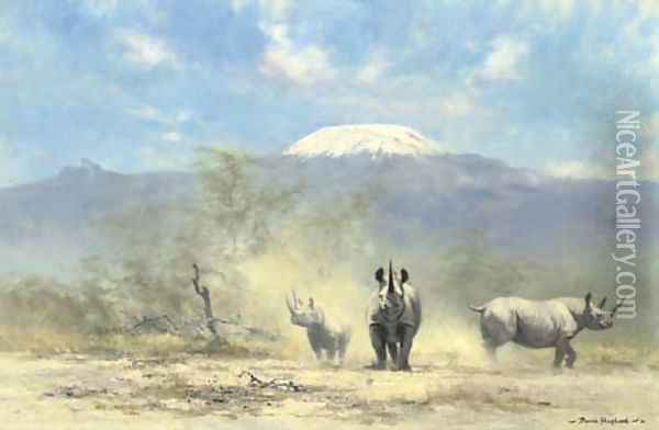 Rhino in the shadow of Mount Kilimanjaro Oil Painting - Thomas Hosmer Shepherd