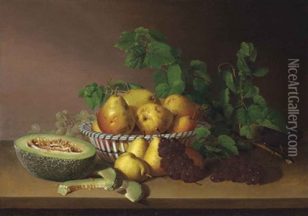 Still Life With Pears, Grapes And Autumn Leaves Oil Painting - James Peale Sr.