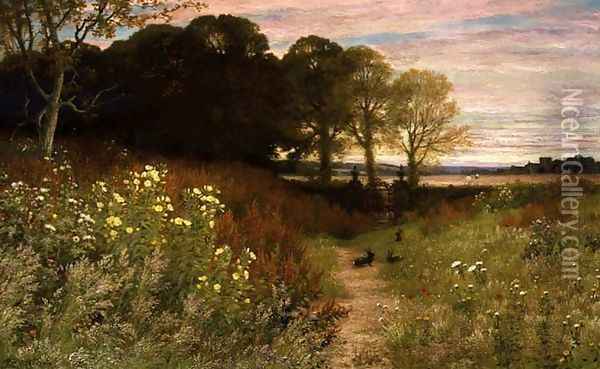 Landscape with Wild Flowers and Rabbits Oil Painting - Robert Collinson