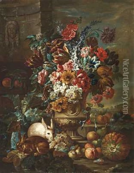 Opstilling Med Blomster, Frugter Og Kaniner Ved En Fontaene Oil Painting - Margherita Caffi