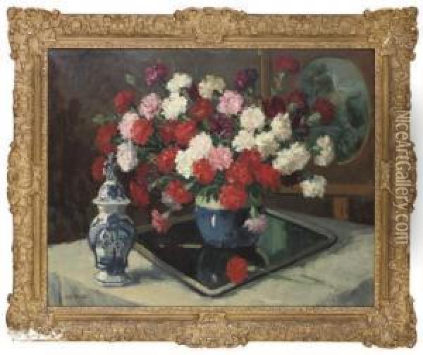 Assorted Carnations In A Blue Pot, On A Table Oil Painting - Giraud