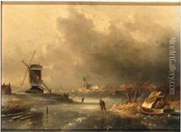 A Winter Landscape With Skaters On A Frozen River Along Awindmill Oil Painting - Charles Henri Leickert