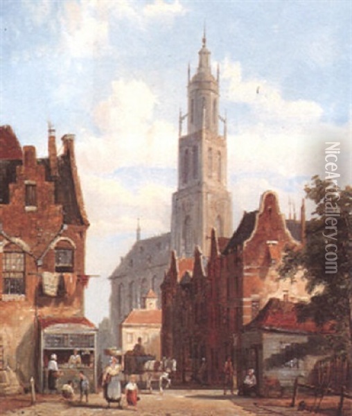 A Horse And Cart And Numerous Figures In A Dutch Street Oil Painting - William Raymond Dommersen