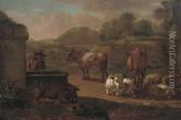 A Traveller With Cattle And Sheep At A Watering Hole Oil Painting - Nicolaes Berchem