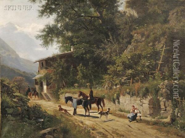 Genre Scene Along An Alpine Road Oil Painting - Eugen Felix Prosper Bracht