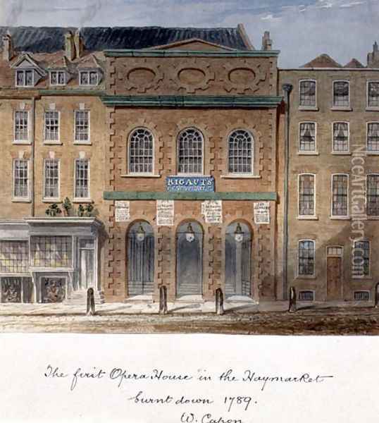 The first Opera House in the Haymarket, burnt down in 1789 Oil Painting - William Capon