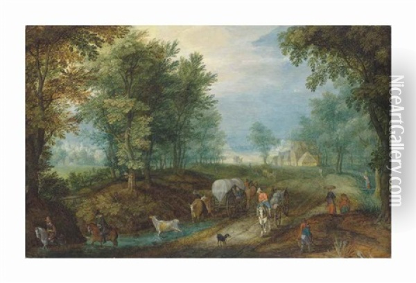 Travellers And Carts On A Road In A Wooded Landscape Oil Painting - Jan Breughel II