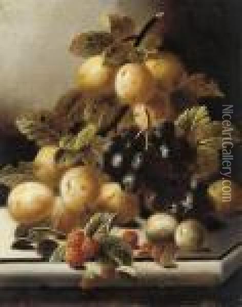 Greengages, Grapes And 
Raspberries On A Stone Ledge; And Plums, Gooseberries And A Peach On A 
Stone Ledge Oil Painting - Oliver Clare
