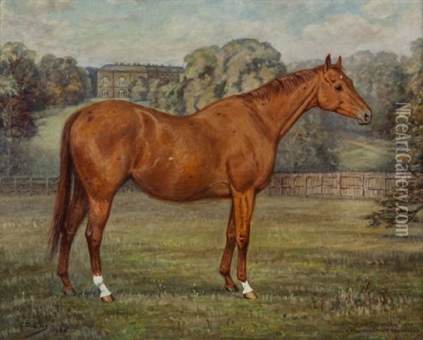 A Chesnut Mare In A Paddock, A Stately Home Beyond Oil Painting - Geoffrey Douglas Giles