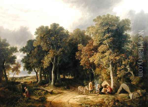 Encampment in a Wooded Landscape Oil Painting - James Stark