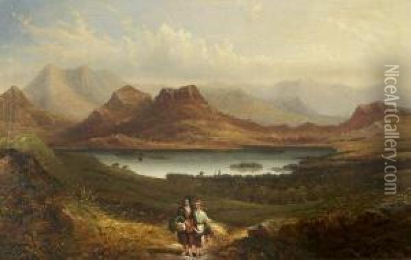 Two Figures On A Path In The Mountainous Landscape With Lake Oil Painting - Bartholomew Colles Watkins