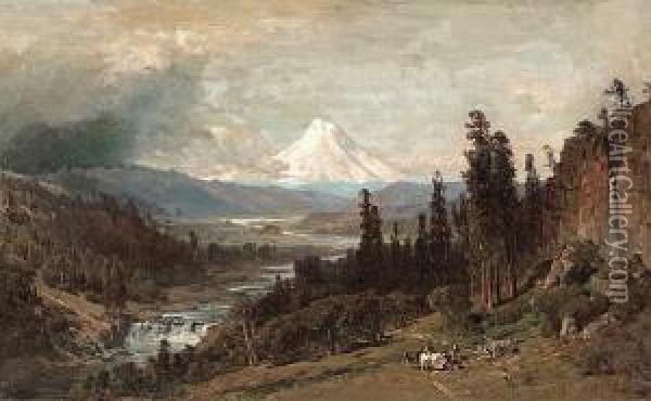 An Expansive Landscape With Mt. Hood Beyond Oil Painting - Thomas Hill