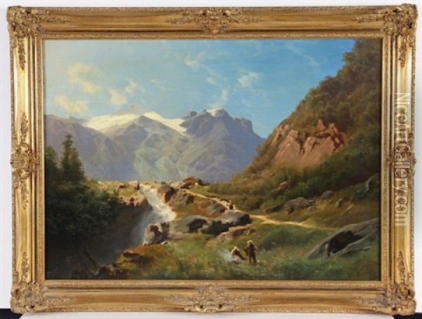 Wasserfall In Alpinem Hochgebirge Mit Staffage Oil Painting - Leopold Heinrich Voescher