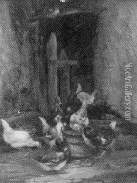 Chickens In The Barn Oil Painting - Claude Guilleminet