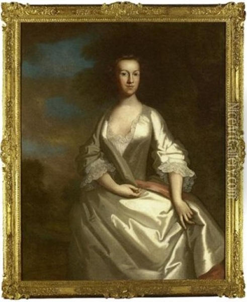 Portrait Of Mrs. Steadman In An Oyster Satin Gown, In A Landscape Oil Painting - James Latham