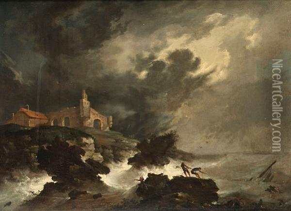 A Rocky Coastline With A Shipwreck In Stormy Seas Oil Painting - Johann Sigmund Keller