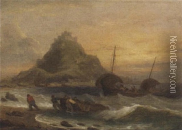 Fishermen Hauling In Their Boats In The Surf Before St. Michael's Mount Oil Painting - Thomas Luny