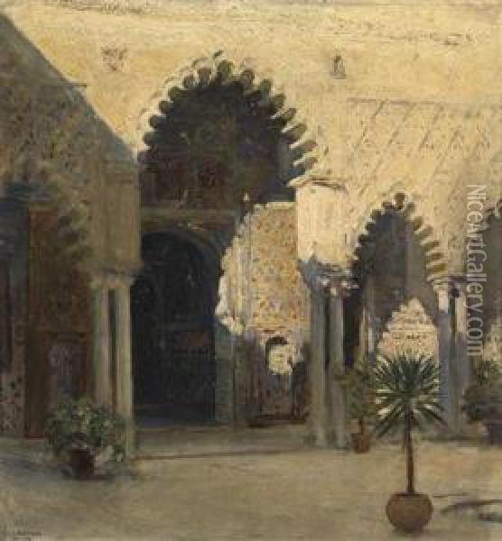 Patio De Las Doncella In Alkazar (sevilla) Oil Painting - Johann Viktor Kramer