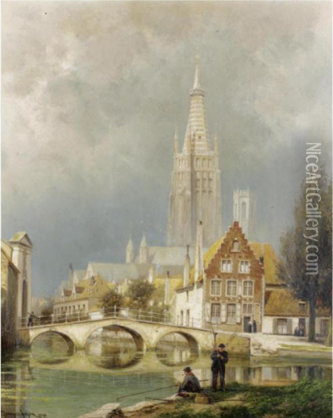 Bruges; A Rising Storm Oil Painting - Cornelis Christiaan Dommersen