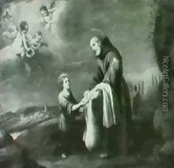 Saint Felix Of Cantalice Recieving A Loaf From The          Christ Child Oil Painting - Bartolome Esteban Murillo