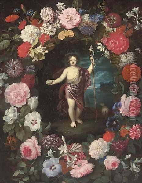 Saint John the Baptist in a floral cartouche Oil Painting - Flemish School