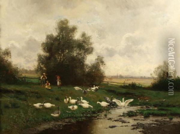 Geese By A Pond Oil Painting - Adolf Lins