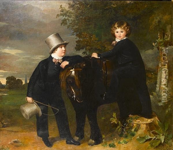 Portrait Of Two Boys With Their Pet Pony, In A Wooded Landscape Oil Painting - Philip Reinagle