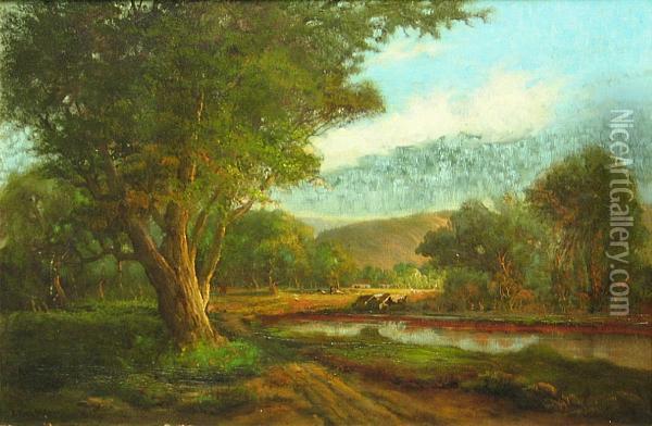 Landscape With Cows Watering At A Lake Oil Painting - John Joseph Englehardt