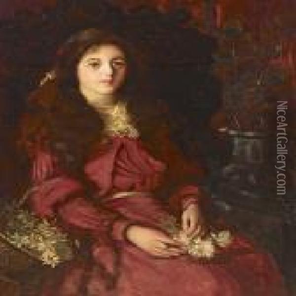Seated Girl In A Red Dress With Basket Of Flowers Oil Painting - Thomas E. Mostyn