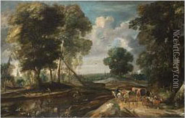 A Wooded Landscape With Travellers In Horse-drawn Wagons Oil Painting - Pieter I Van Der Hulst