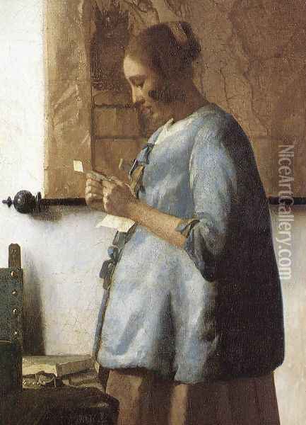 Woman in Blue Reading a Letter (detail) 1663-64 Oil Painting - Jan Vermeer Van Delft