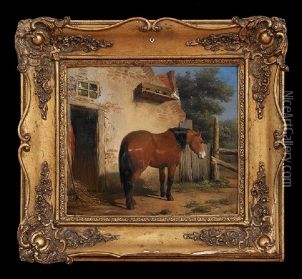 Chestnut Horse In The Stable Yard Oil Painting - Jean Louis van Kuyck