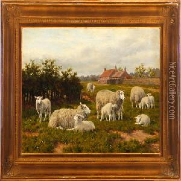 A Summer Landcape Scenerywith A Farm And Sheeps On A Meadow Oil Painting - Joseph Dixon Clark