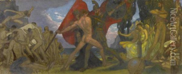 Battle Scene (allegory) Oil Painting - Hans Christiansen