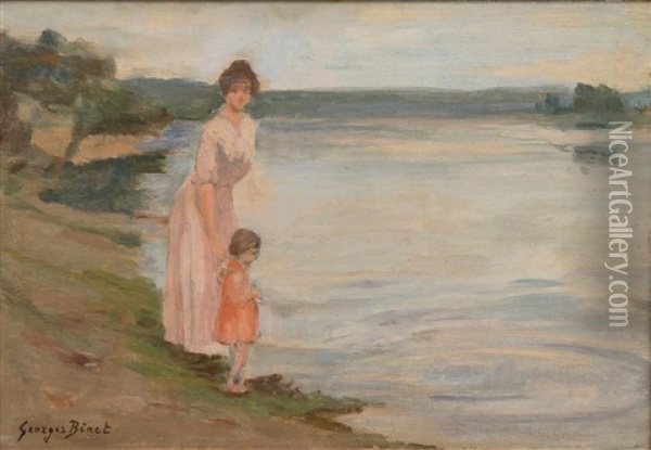 Mother And Child By The Sea Oil Painting - Georges Jules Ernest Binet