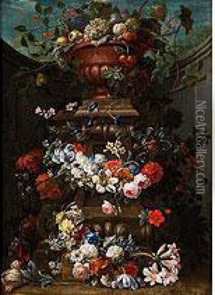 Blumenstilleben Mit Vase Auf Einem Stein Oil Painting - Gaspar-pieter The Younger Verbruggen