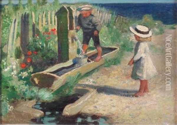 Children At The Water Pump Oil Painting - James Elder Christie