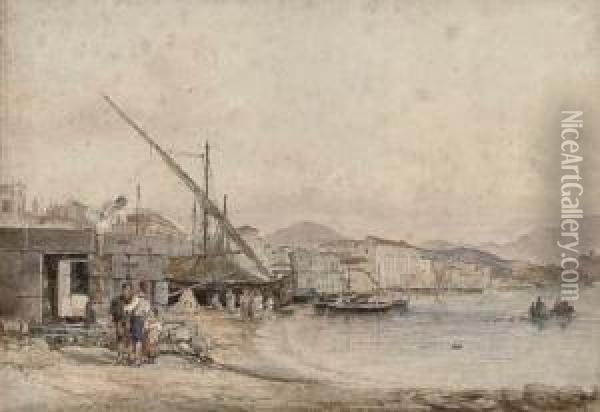 Fisherfolk On The Shore, Salerno Oil Painting - Raffaele Carelli