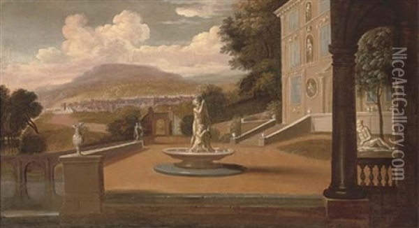 A Capriccio Of A Palace Courtyard With A Fountain, A Town Beyond Oil Painting - Joseph Heintz the Younger