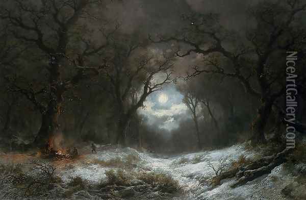 A Moonlit Winter Landscape Oil Painting - Remigius Adriannus van Haanen