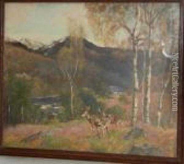 Deer In A Highland Landscape Oil Painting - David Murray