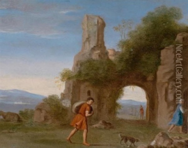 Arkadische Landschaft Mit Einer Felsenkulisse Und Figurenstaffage Im Vordergrund Oil Painting - Johan van Haensbergen