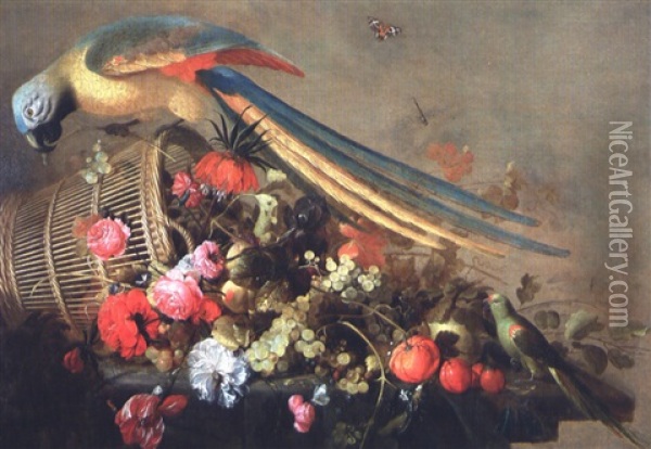 Nature Morte Au Perroquet Et A La Corbeille De Fruits Et De Fleurs Oil Painting - Cornelis De Heem