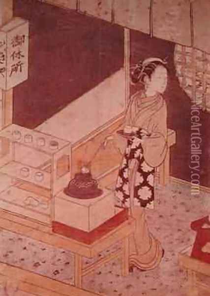 Servant Making Tea Oil Painting - Suzuki Harunobu