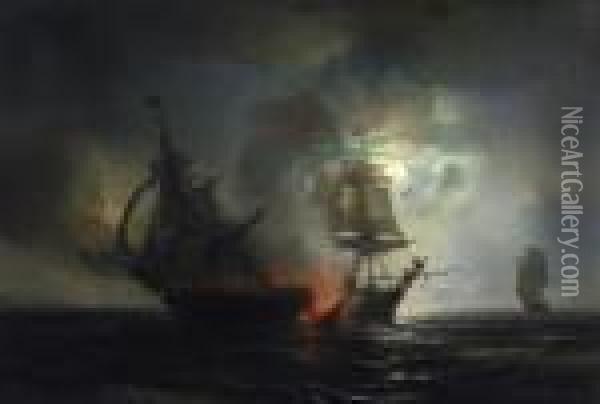 Dramatic Seabattle In The Full Moon Oil Painting - Theodore Gudin