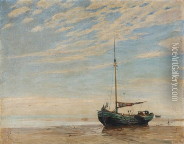 Beach Scene From The Island Of Fano With A Fishingboat At Low Tide Oil Painting - Johan Rohde