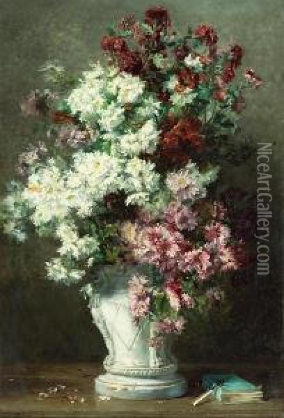 A Still Life Of Chrysanthemums In An Urn Oil Painting - Jenny Villebesseyx