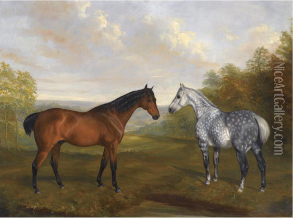 A Chestnut Hunter And A Grey Hunter In A Landscape Oil Painting - John Jnr. Ferneley