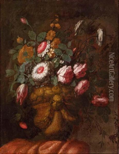 Vaso Istoriato Con Rose Etulipano Oil Painting - Mario Nuzzi Mario Dei Fiori