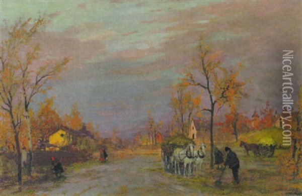 Ungarische Dorfstrase  Im Herbst Oil Painting - Antal Berkes